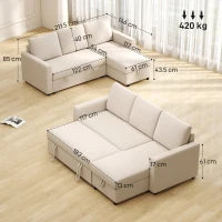 Divano angolare convertibile con chaise longue, vano portaoggetti e 3 cuscini per schienale, 211.5x146x85cm, crema