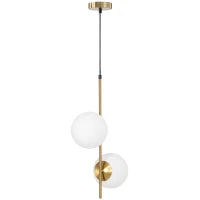 Lampada a Sospensione con 2 Paralumi in Vetro e Filo Regolabile, in Metallo, 32x15x51 cm, Bianca e Oro