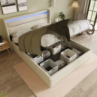 Rete per Letto Contenitore Matrimoniale con LED e Telecomando Struttura Imbottita idraulica, 140x200 cm,Bianco