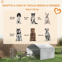 Recinto per Cani con Coperture e Ciotole Girevoli, in Acciaio e tessuto Oxford, 4x2.3x1.5 m, Argento