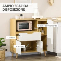 Mobiletto per Microonde con Ripiano Aperto, Armadietti e Cassetto, 90x40x98.5cm Bianco e Legno