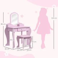 Set Toeletta per Bambina con Specchio Trucco e Sgabello Abbinato in Legno, Cassetto e Contenitori, Rosa