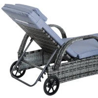 Set 2 Lettini Sdraio e 1 Tavolino da Giardino con Materassini Imbottiti e Ruote, in Polyrattan, Grigio