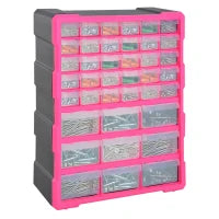 DURHAND Cassettiera in Plastica Portaminuterie con 39 Cassetti Trasparenti, Montaggio a Muro o a Terra 38x16x47.5cm Rosa