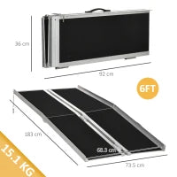 Rampa Pieghevole per Sedia a Rotelle in Alluminio con Rivestimento Antiscivolo e Bordi di Sicurezza, 183x73.5 cm, Nero