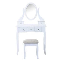 Toeletta Tavolo da Trucco con Specchiera e Sgabello Imbottito, Legno, Bianco