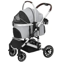 Carrello per Cani 3 in 1 Passeggino per Cani Pieghevole per Gatti Fino a 10 kg Carrello per Gatti con Cuscino Porta Bicchieri, Grigio Chiaro