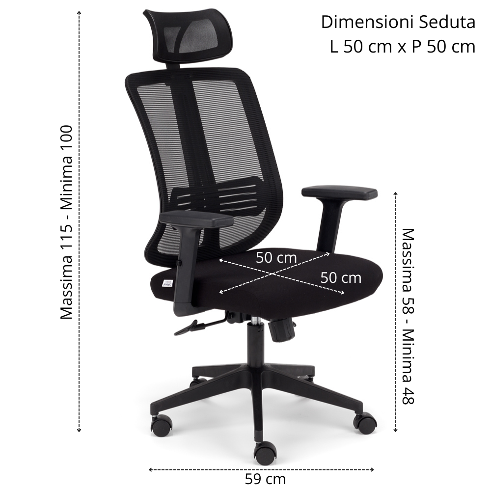 Sedia Girevole da Ufficio Nairobi, massima ergonomica, schienale alto con supporto lombare reclinabile, poggiatesta regolabile, rete traspirante, alzata a Gas, colore Nero