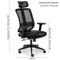 Sedia Girevole da Ufficio Nairobi, massima ergonomica, schienale alto con supporto lombare reclinabile, poggiatesta regolabile, rete traspirante, alzata a Gas, colore Nero