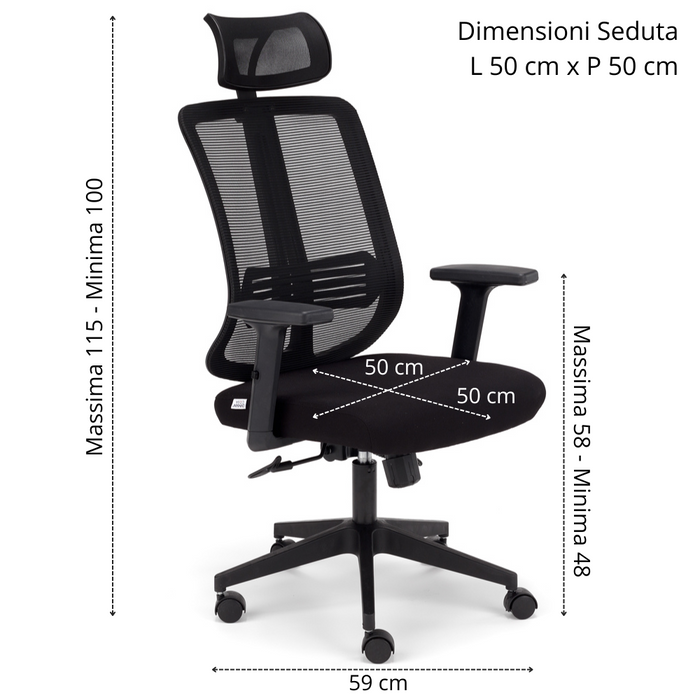 Sedia Girevole da Ufficio Nairobi, massima ergonomica, schienale alto con supporto lombare reclinabile, poggiatesta regolabile, rete traspirante, alzata a Gas, colore Nero