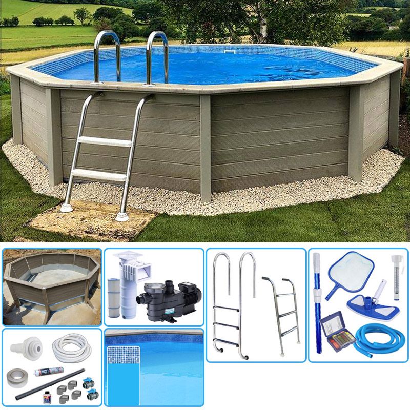 Kit Piscina Cemento Effetto Legno Naturalis Decagonale  4,93 X H 1,28 M Con Filtrazione A Cartuccia
