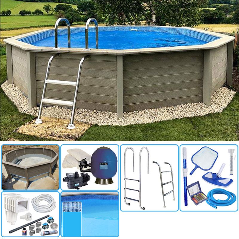 Kit Piscina Cemento Effetto Legno Naturalis Decagonale  4,93 X H 1,40 M Con Filtrazione A Sabbia