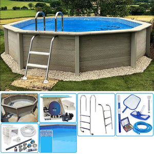 Kit Piscina Cemento Effetto Legno Naturalis Decagonale  4,93 X H 1,40 M Con Filtrazione A Sabbia E Locale Tecnico