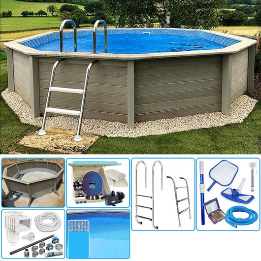 Kit Piscina Cemento Effetto Legno Naturalis Decagonale  4,93 X H 1,40 M Con Filtrazione A Sabbia E Locale Tecnico
