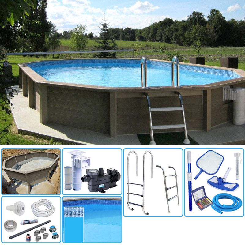 Kit Piscina Cemento Effetto Legno Naturalis Decagono Allungato 7,75 X 4,72 X H 1,40 M Con Filtrazione A Cartuccia