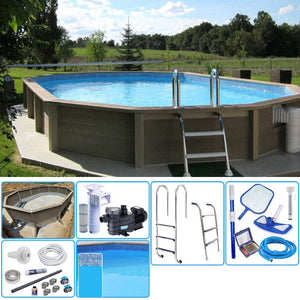 Kit Piscina Cemento Effetto Legno Naturalis Decagono Allungato 7,75 X 4,72 X H 1,28 M Con Filtrazione A Cartuccia