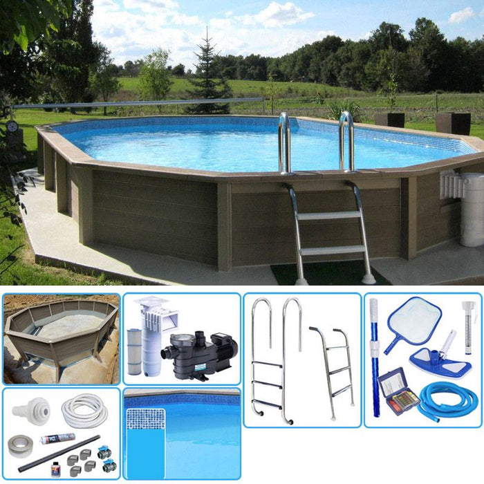 Kit Piscina Cemento Effetto Legno Naturalis Decagono Allungato 6,35 X 4,72 X H 1,40 M Con Filtrazione A Cartuccia