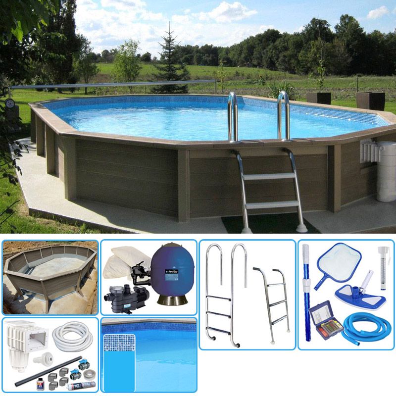 Kit Piscina Cemento Effetto Legno Naturalis Decagono Allungato 7,75 X 4,72 X H 1,28 M Con Filtrazione A Sabbia