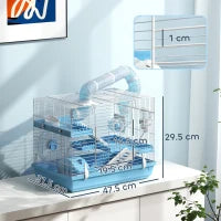 Gabbia per Criceti a 3 Piani con Casetta, Ruota, Ciotola per Cibo, Bottiglia e Tubi, Azzurro