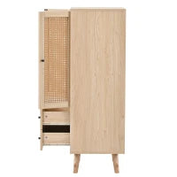 Credenza legno multifunzione con 2Ante in Rattan e 2Cassetti, impermeabili e gambe in legno di pino massiccio, Quercia