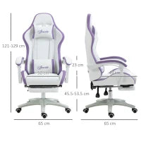 Sedia da Gaming con Altezza Regolabile e Schienale Reclinabile, 65x65x121-129 cm, Bianco e Viola