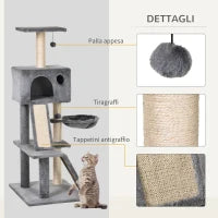 Albero Tiragraffi Accessoriato con Cuccia Lettino Sospeso e 2 Pedane in Peluche Grigio e Corda Sisal 60x49x130cm