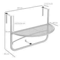 Tavolino da Ringhiera Pieghevole con 3 Altezze Regolabili in Metallo, 60x45x50cm, Bianco