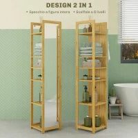 Scaffale da Bagno con Specchio e 6 Ripiani a Doghe in Bambù, 35x35x168cm, Colore Legno