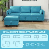 Divano Componibile Modulare 3 Posti con Pouf Poggiapiedi e Cuscini, Rivestimento in Flanella, Blu