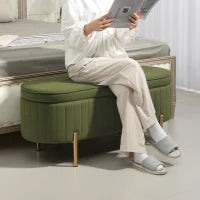 Panca Contenitore Ovale da 72L con Coperchio Sollevabile, in Tessuto Effetto Velluto e Legno, 108x44x43.5 cm, Verde