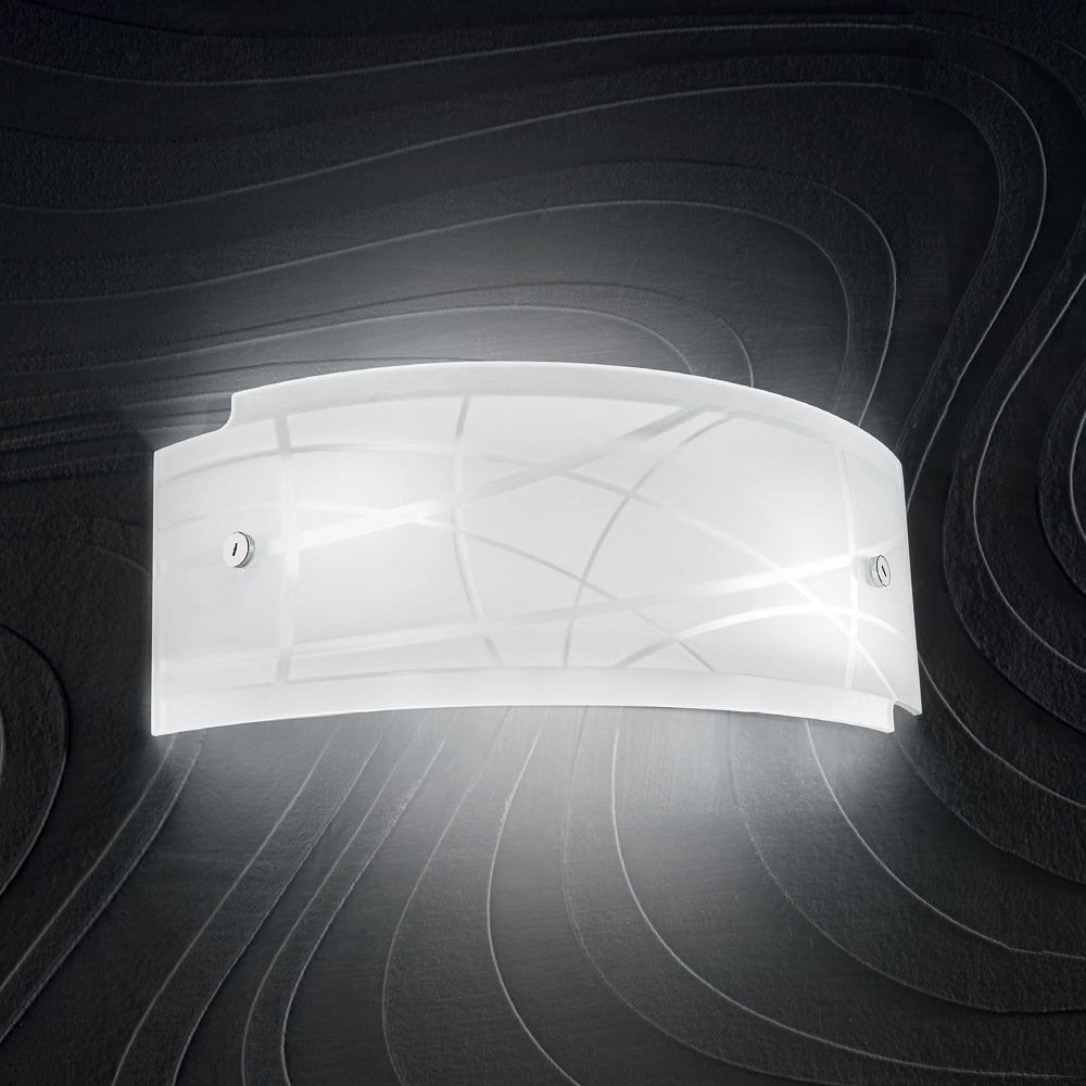 Applique Nereide 35x14cm in vetro satinato serigrafato bianco 2XE14, lampada da parete moderna con base cromata, IP20, max 2x28W