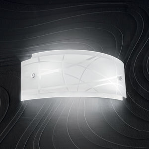 Applique Nereide 35x14cm in vetro satinato serigrafato bianco 2XE14, lampada da parete moderna con base cromata, IP20, max 2x28W