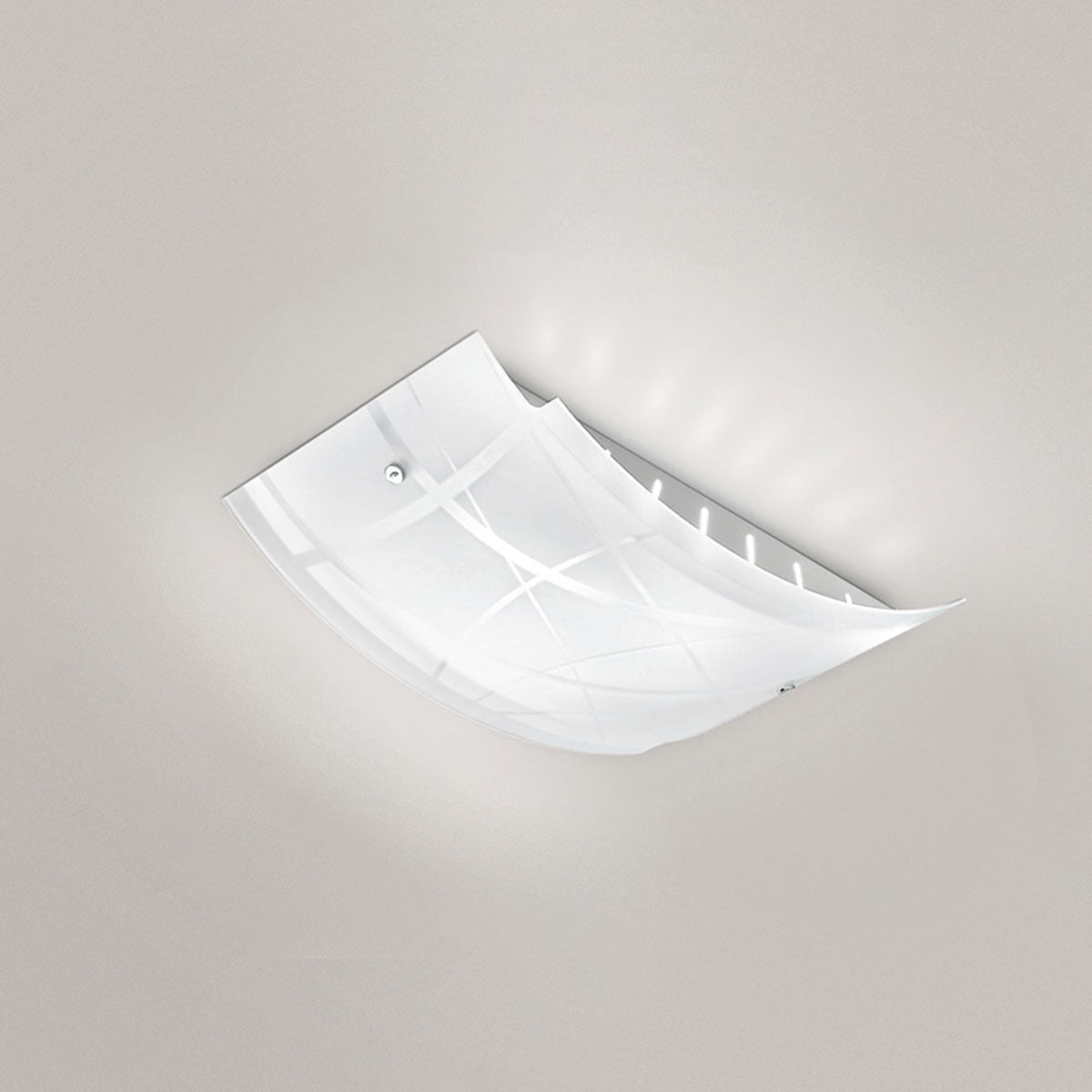 Plafoniera Nereide media 45x31cm in vetro satinato serigrafato bianco 2XE27, base cromata, design moderno, IP20, max 2x52W