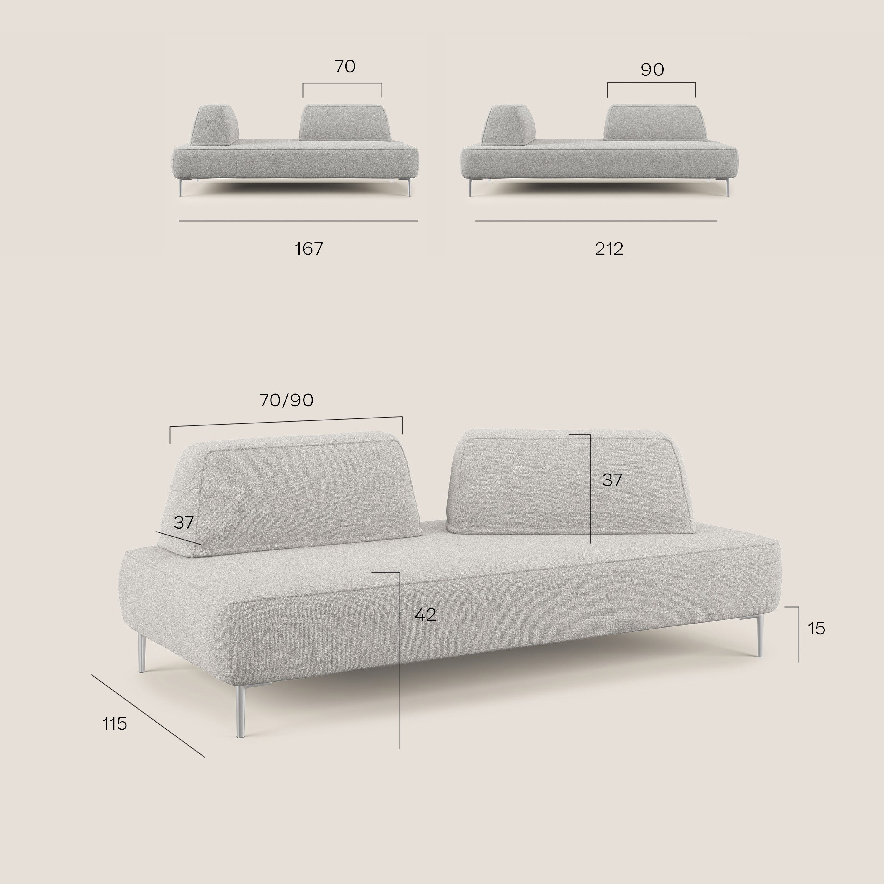 Newton Divano modulare con schienali movibili T07 167 cm grigio