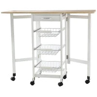 Carrello Portavivande Pieghevole a 6 Ruote con 3 Cestini, Cassetto e 2 Ribalte, Carrellino per Cucina in MDF e Metallo, 37x37x77.5 cm, Bianco e Legno