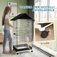 Gabbia per Uccelli con Ruote e Vassoio Estraibile, Voliera Alta 155 cm con Posatoi e Mangiatoie, Nero