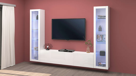 Parete attrezzata sospesa bianca soggiorno mobile TV 2 vetrine Liv WH
