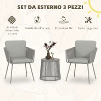 Set da Esterno con Tavolino in Vetro e 2 Sedie da Giardino in Rattan Stile Boho, Grigio Chiaro