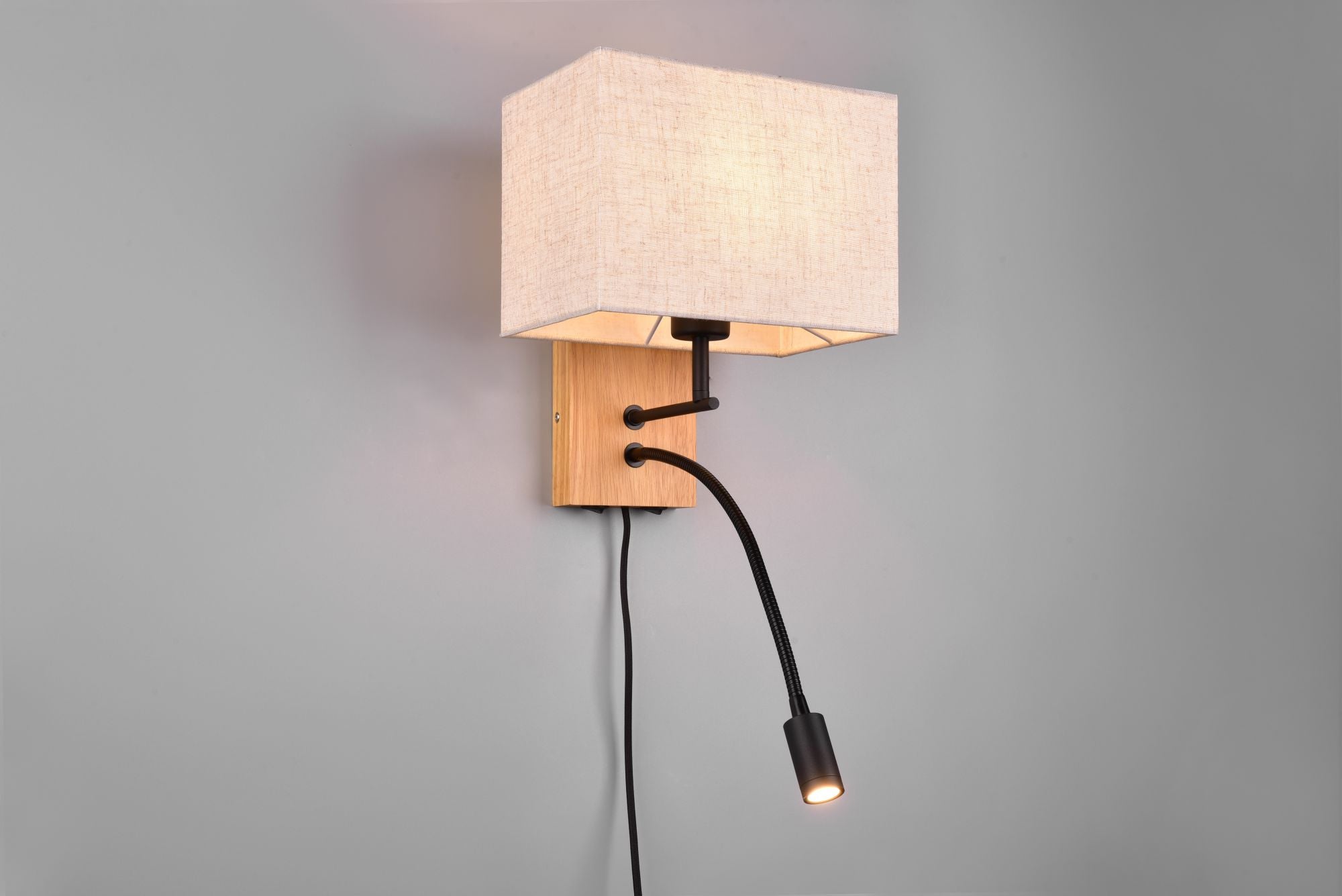 NILAM APPLIQUE BASE LEGNO NATURALE E METALLO NERO CON LAMPADA LETTURA E PARALUME RETTANGOLARE BIANCO L.25CM 2 LUCI-1 ATTACCO E27- LED 3,1W 310lm, 3000K