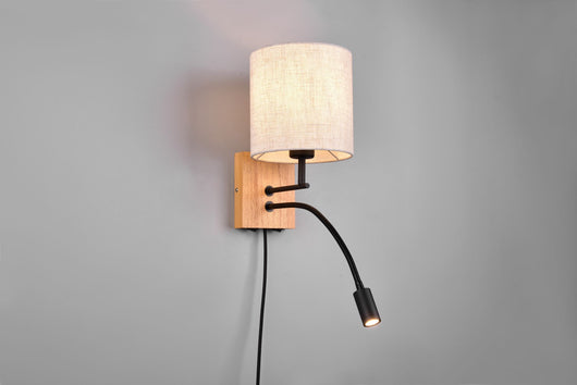 NILAM APPLIQUE BASE LEGNO NATURALE E METALLO NERO CON LAMPADA LETTURA E PARALUME ROTONDO BIANCO L.18CM 2 LUCI-1 ATTACCO E27- LED 3,1W 310lm, 3000K