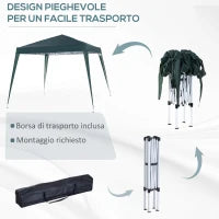 Gazebo Pieghevole da Giardino 2.4x2.4m con Struttura in Acciaio e Corde Antivento, Verde