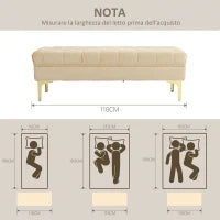 Panca Fondo Letto Imbottita con Rivestimento Trapuntato in Tessuto Effetto Velluto, 118x45x42 cm, Beige