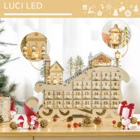 Calendario dell'Avvento in Legno a Forma di Slitta con 24 Cassetti da Riempire, Decorazioni e Luci a LED, 45x10x31cm