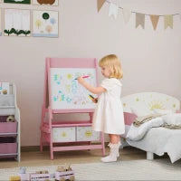 Lavagna per Bambini 3 in 1 con Cavalletto, Rotolo di Carta e 2 Cestelli, in Legno, 54x46x94 cm, Rosa