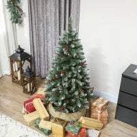Albero di Natale Alto 150 cm da Interno con 398 Rami, Pigne e Bacche Rosse, Base in Metallo, Verde