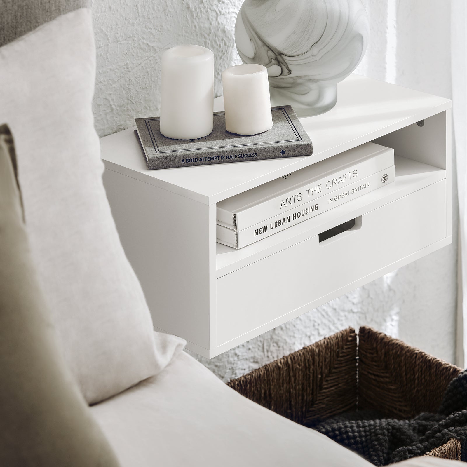 Comodino Con Cassetti Tavolo Telefono Bianco Mensoa Da Muro 45x25x55 Cm NKD03-W SoBuy