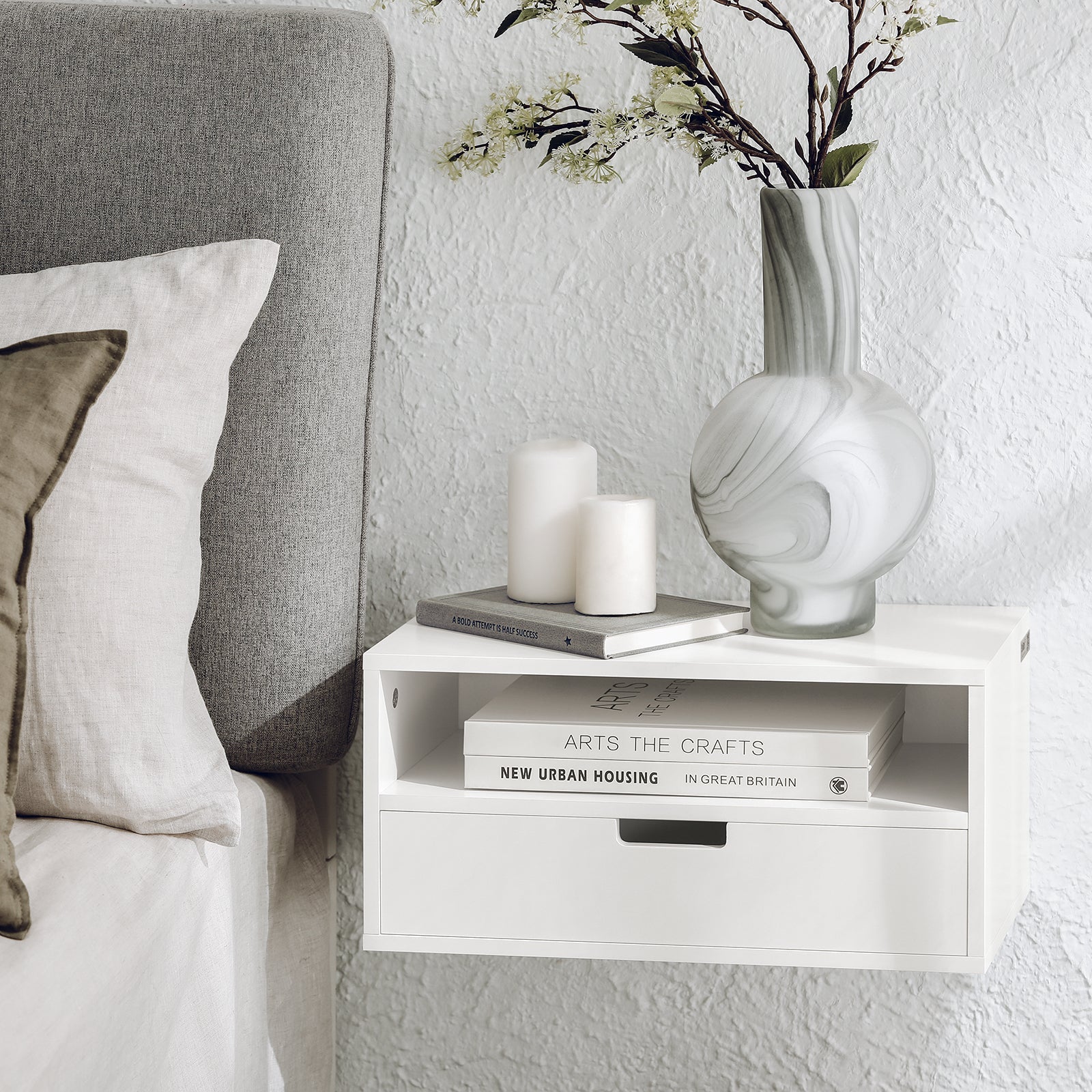 Comodino Con Cassetti Tavolo Telefono Bianco Mensoa Da Muro 45x25x55 Cm NKD03-W SoBuy