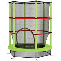 Tappeto Elastico per Bambini 3-6 Anni con Rete di Protezione, 6 Colonne e 3 Ingressi, Ø140x190 cm, Verde e Nero