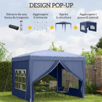 Gazebo da Giardino Pieghevole con Corde e Picchetti Inclusi, 2.95x2.95x2.58 m, Blu