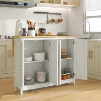Isola Cucina con 2 Sgabelli, Piano Lavoro Ribaltabile, 2 Armadietti con 4 Porte, Design Moderno, Bianco